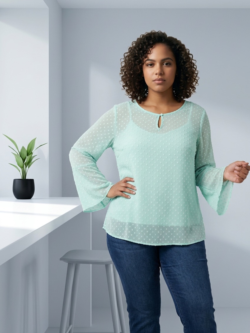 indigo soul Mint Swiss-Dot Keyhole Bell-Sleeve Top